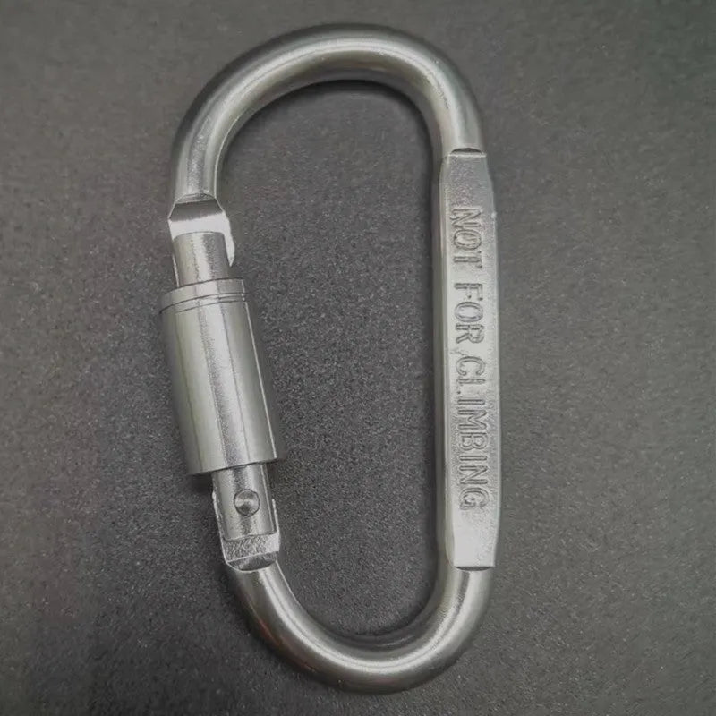 D-type aluminium climbing carabiner with screw-lock gate in bright black colour, 8cm flat design