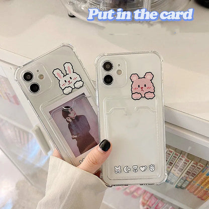 Cartoon transparent TPU phone case with card holder for iPhone, showing painted design and slim fit