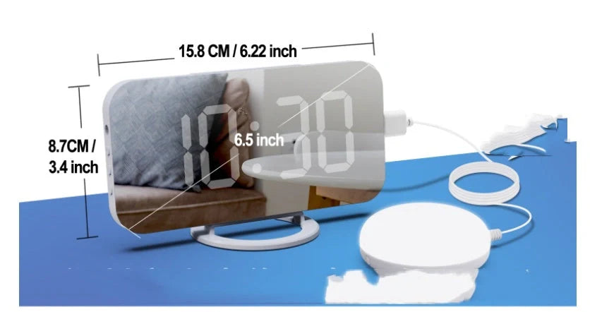 Digital Mirror Clock with LED display and dual USB ports in white and black options