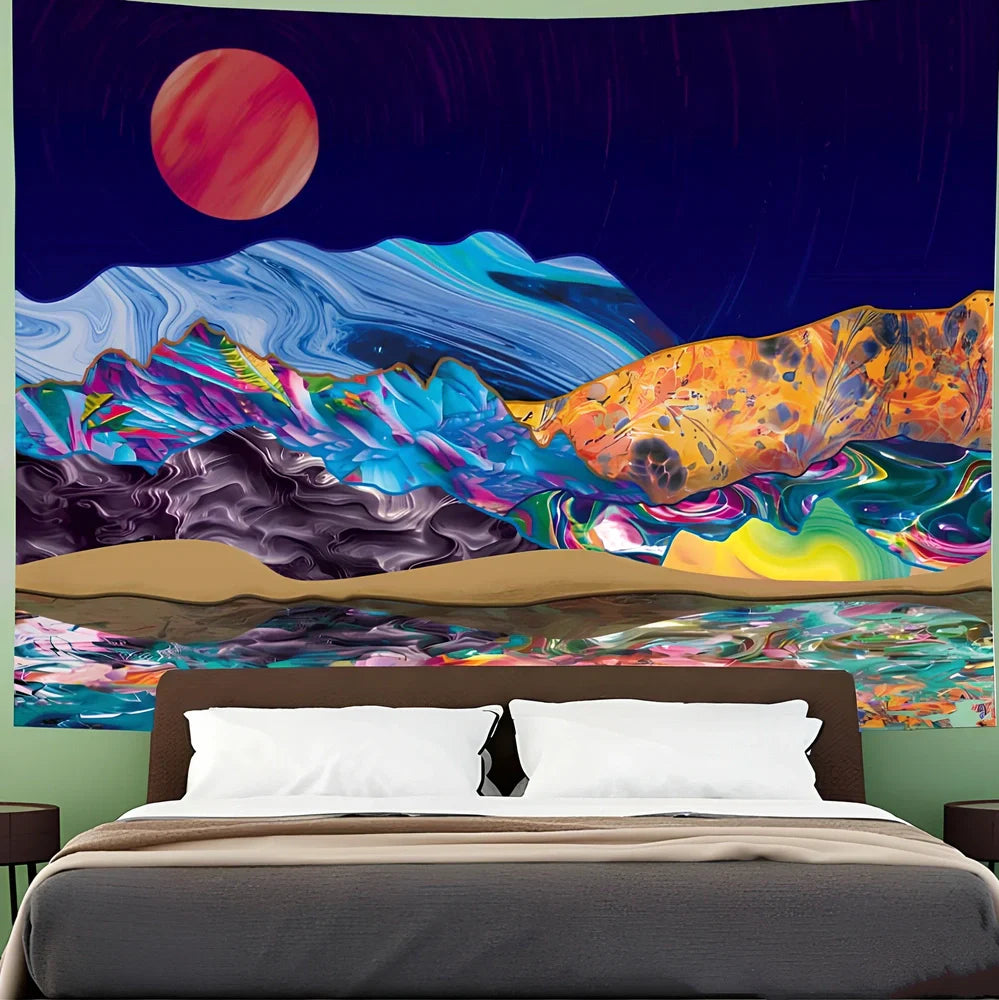 Bohemian psychedelic sunset pattern tapestry in polyester fibre with machine-woven construction