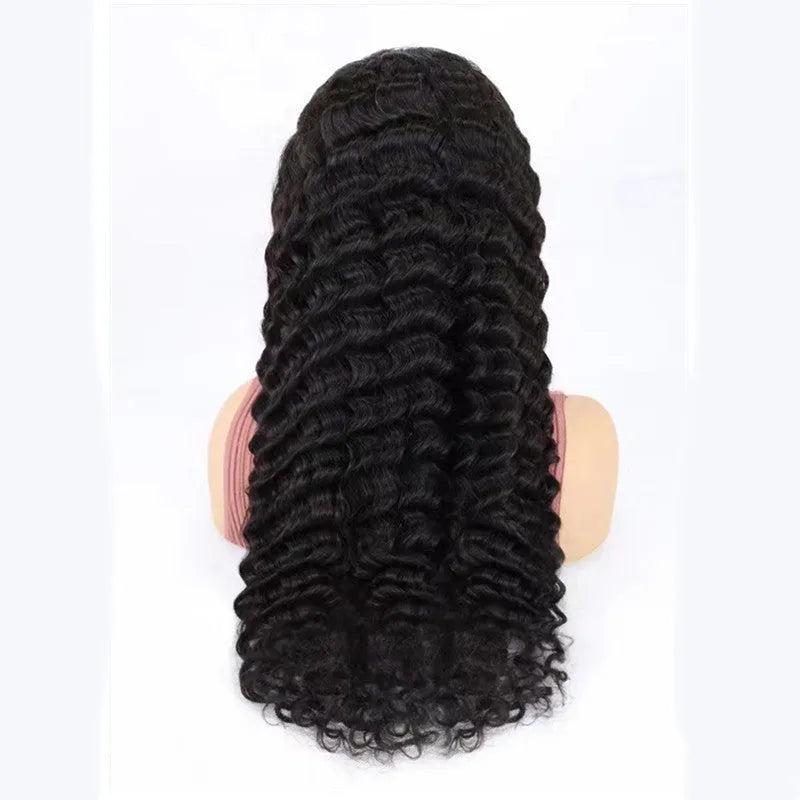 Solid colour human hair half lace wig shown in long length, demonstrating natural fall and lace front.