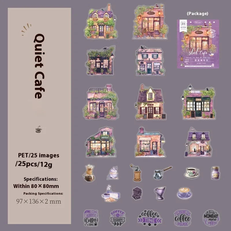 Cafe series retro hand account sticker package with Mori Night Cafe, Green Cafe, and other cafe styles in 25 or 75 sticker packs