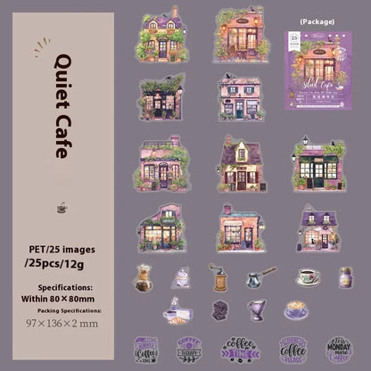 Cafe series retro hand account sticker package with Mori Night Cafe, Green Cafe, and other cafe styles in 25 or 75 sticker packs