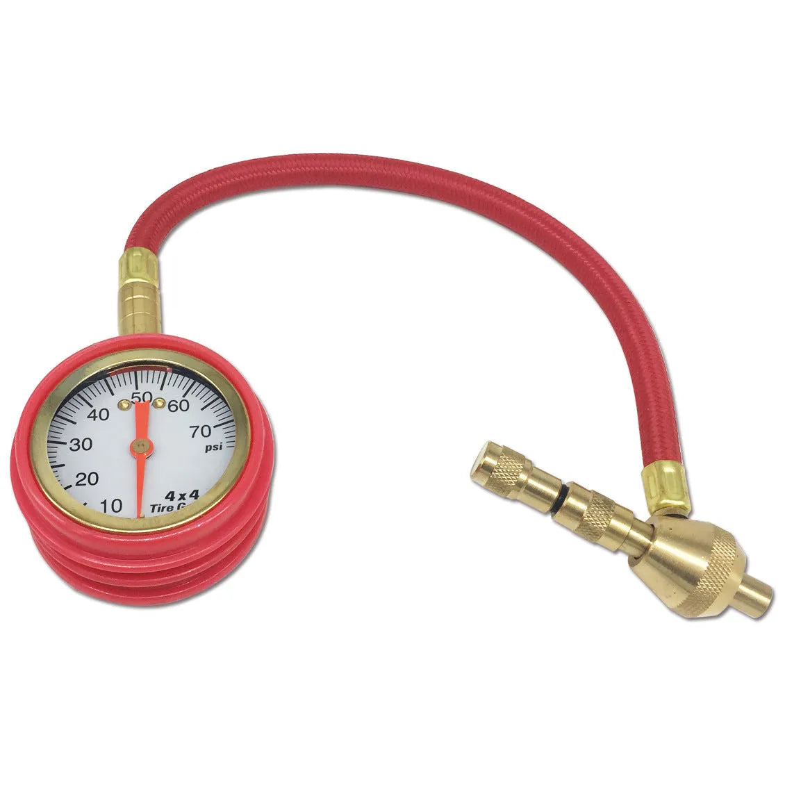 Red and black mechanical automobile tyre pressure gauge with metal body and rubber shell.