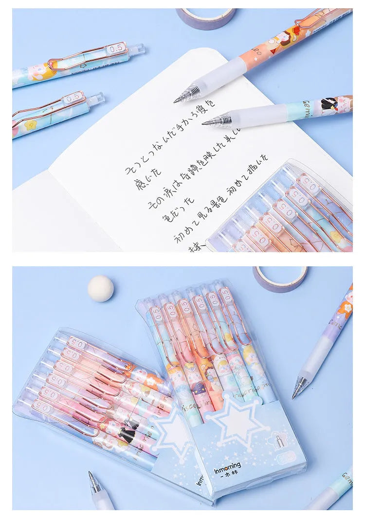 Set of six constellation-themed press gel pens with 0.5mm tips in two cartoon style choices.