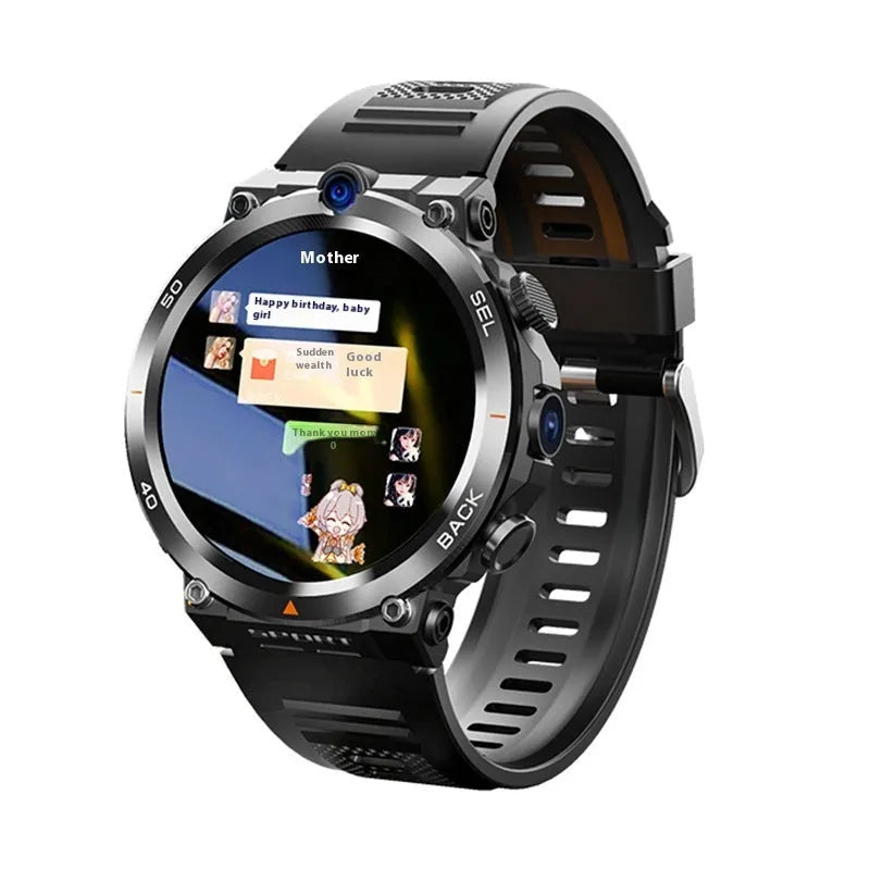 Sports smartwatch with dual cameras on a wrist, showing its touch screen interface.
