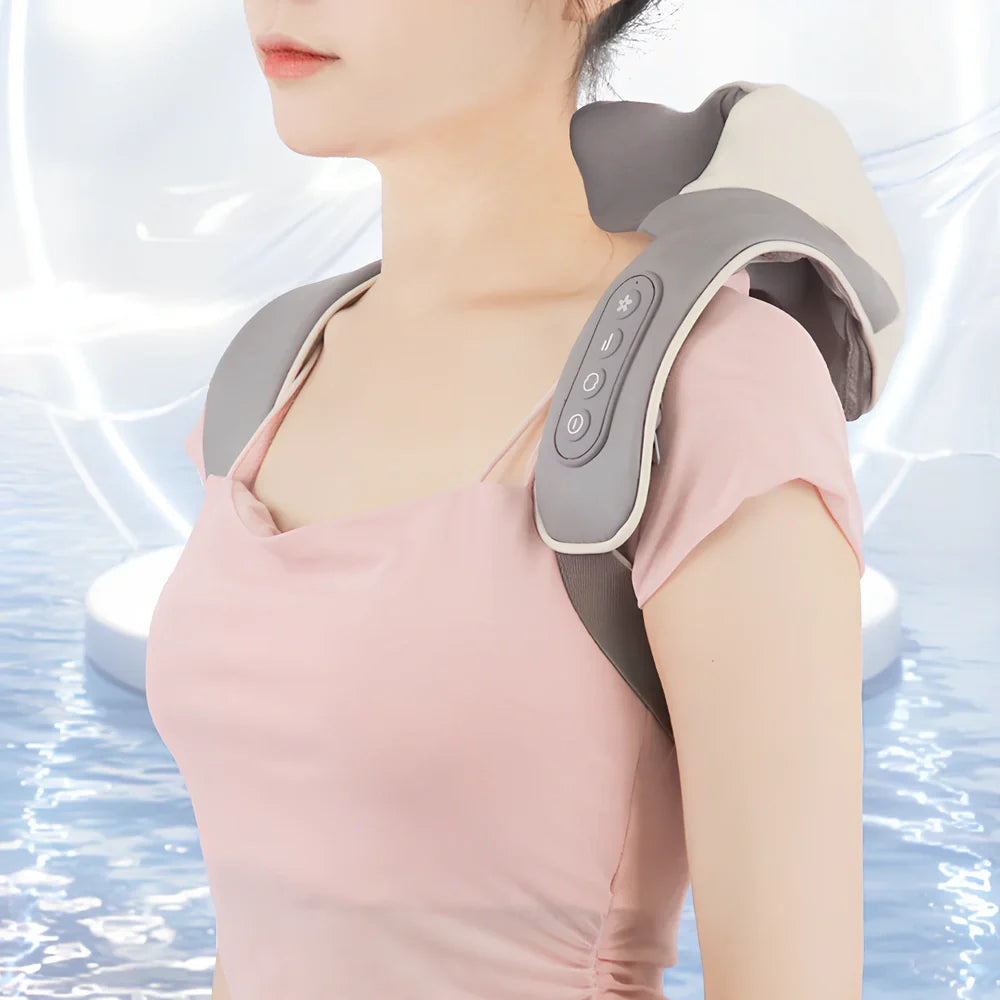 White and grey electric shoulder massager strap with adjustable length showing massage nodes and control button