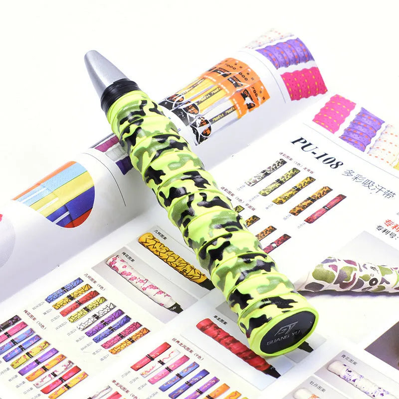 Roll of PU camouflage print grip tape for badminton racket, fishing rod and table tennis bat handles.