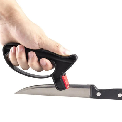 Black handheld knife and scissor sharpener tool with tungsten steel blade measuring 140mm