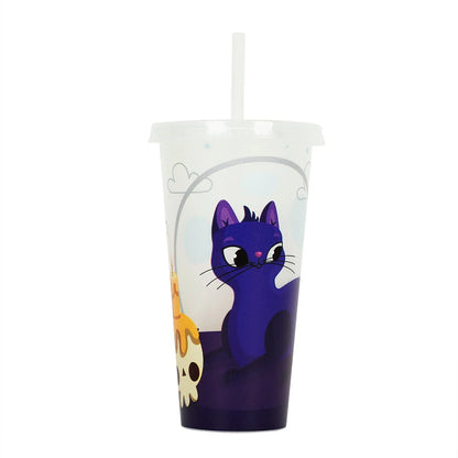 720ml plastic sippy cup with luminous straw showing cylindrical shape and Halloween colours