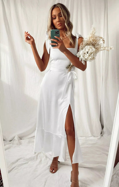 Women's summer suspender split dress with lace-up detail in various colors