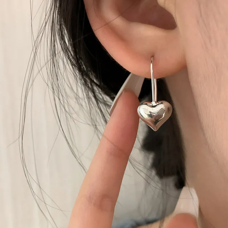 Heart-shaped copper earrings with glossy finish and ear hooks, Korean style design with love elements