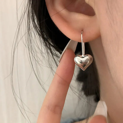 Heart-shaped copper earrings with glossy finish and ear hooks, Korean style design with love elements