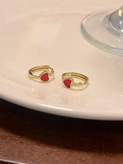 Black and red love heart earrings for women, summer ear clip with geometric design