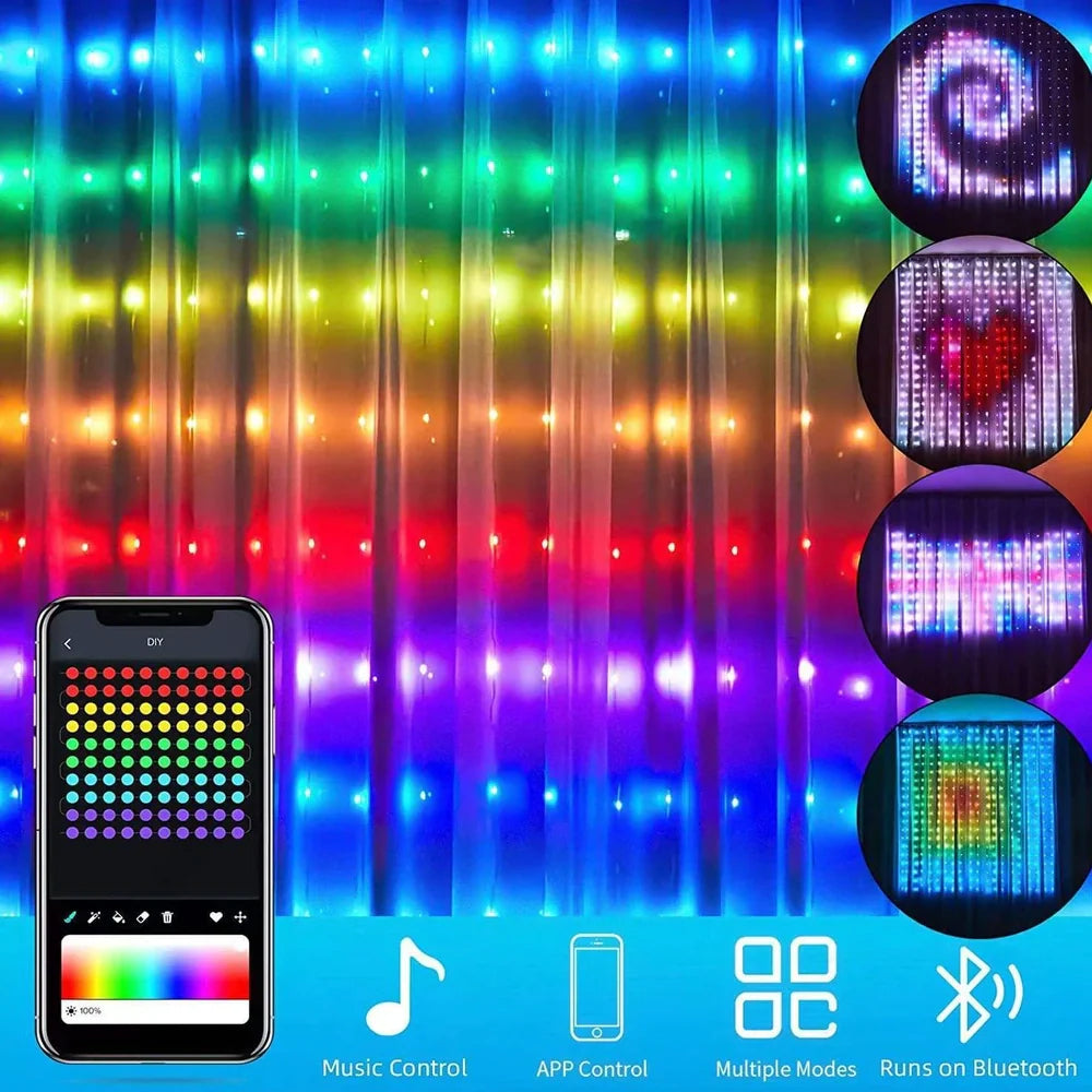 Programmable LED curtain light with Bluetooth app control showing 400 individual lights in curtain formation