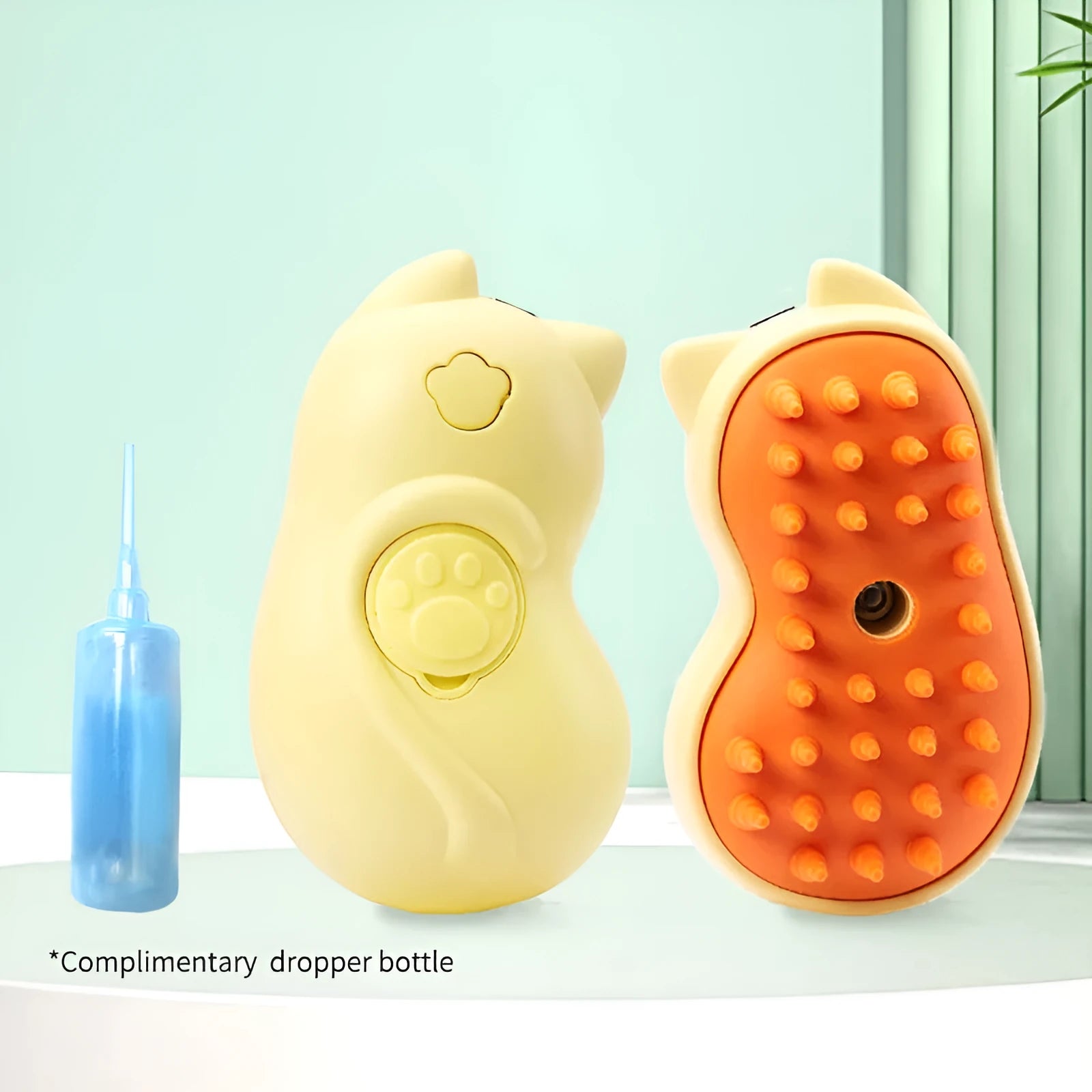 Yellow electric pet grooming brush with silicone bristles for massage and cleaning