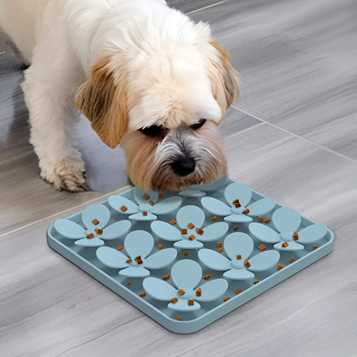 Washable silicone dog sniffing pad in green, blue, beige, or grey for pet treat-hiding play