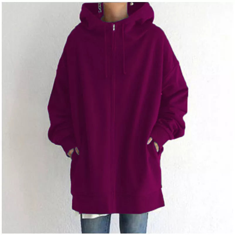 Women's fuzzy full-zip hoodie in various colors, perfect for cool weather comfort and style.