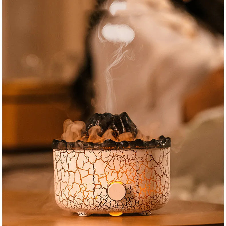 Volcanic humidifier with LED flame effect and mist spray on tabletop
