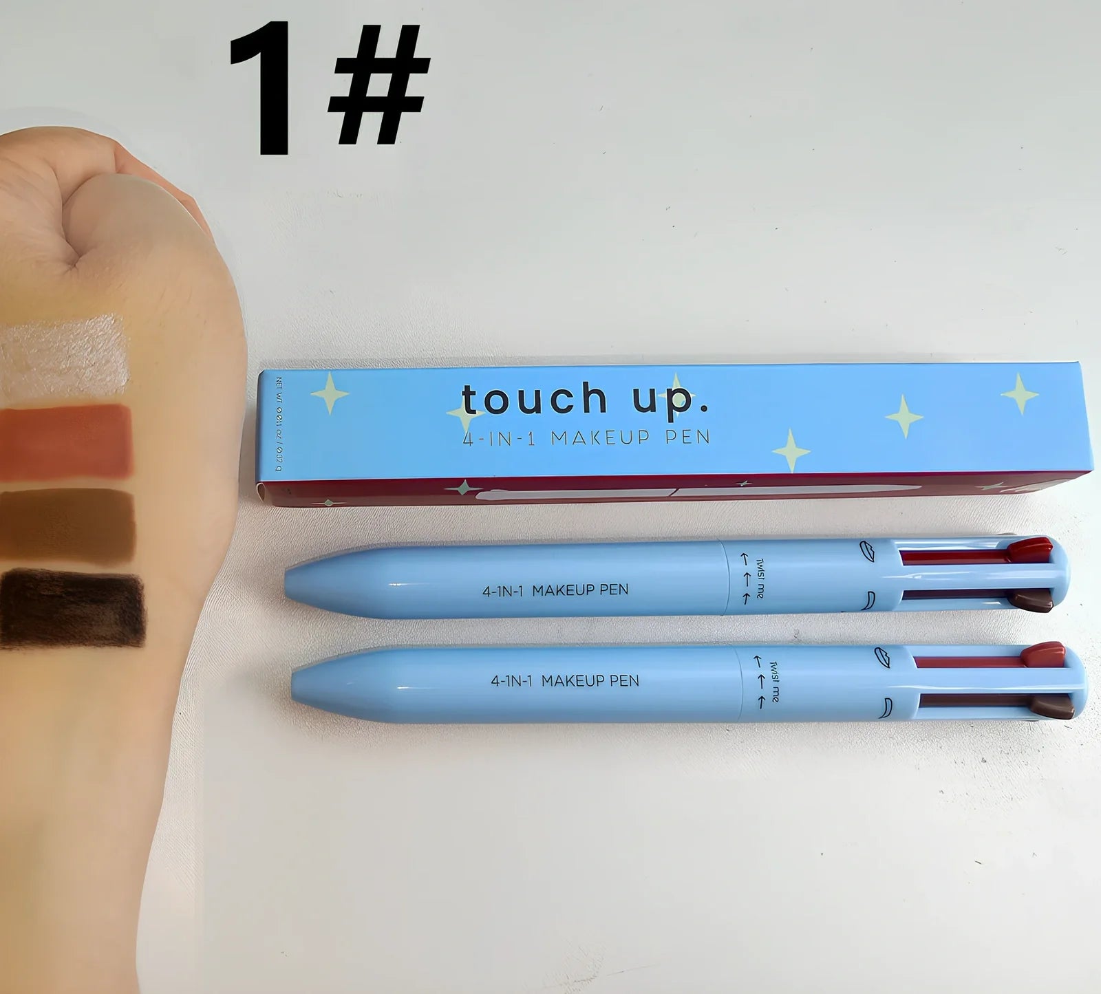 Four-in-one eyebrow pencil showing four colour options in 15cm compact refillable design