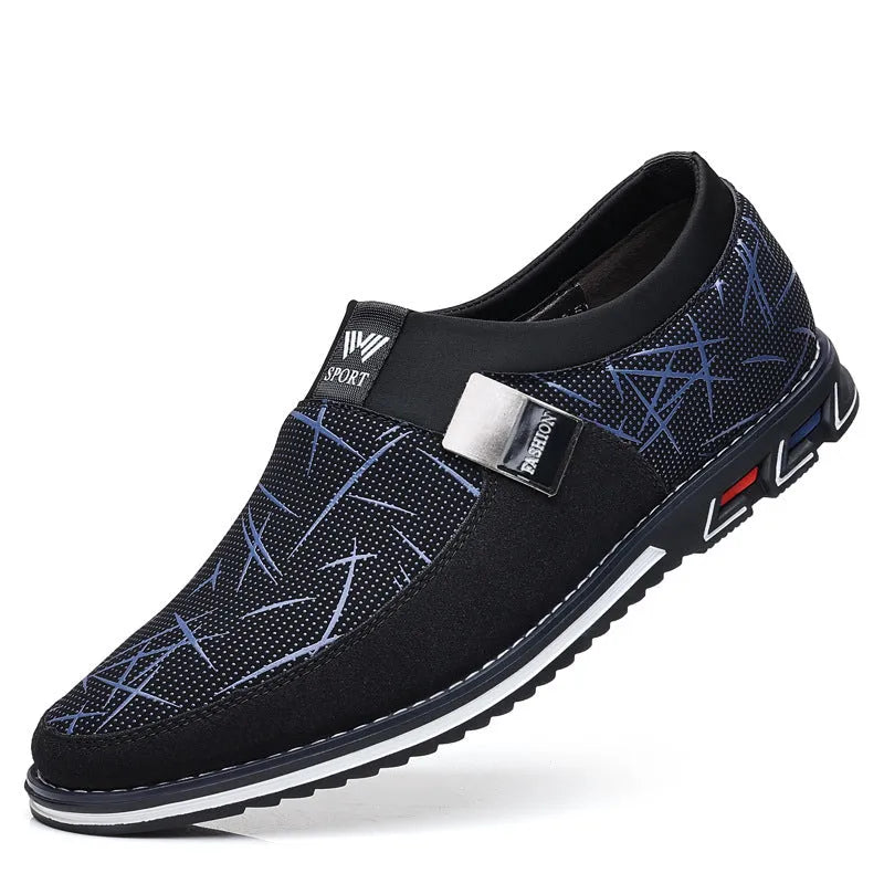 Men's grey and white synthetic leather casual shoes with square toe and flat rubber sole.