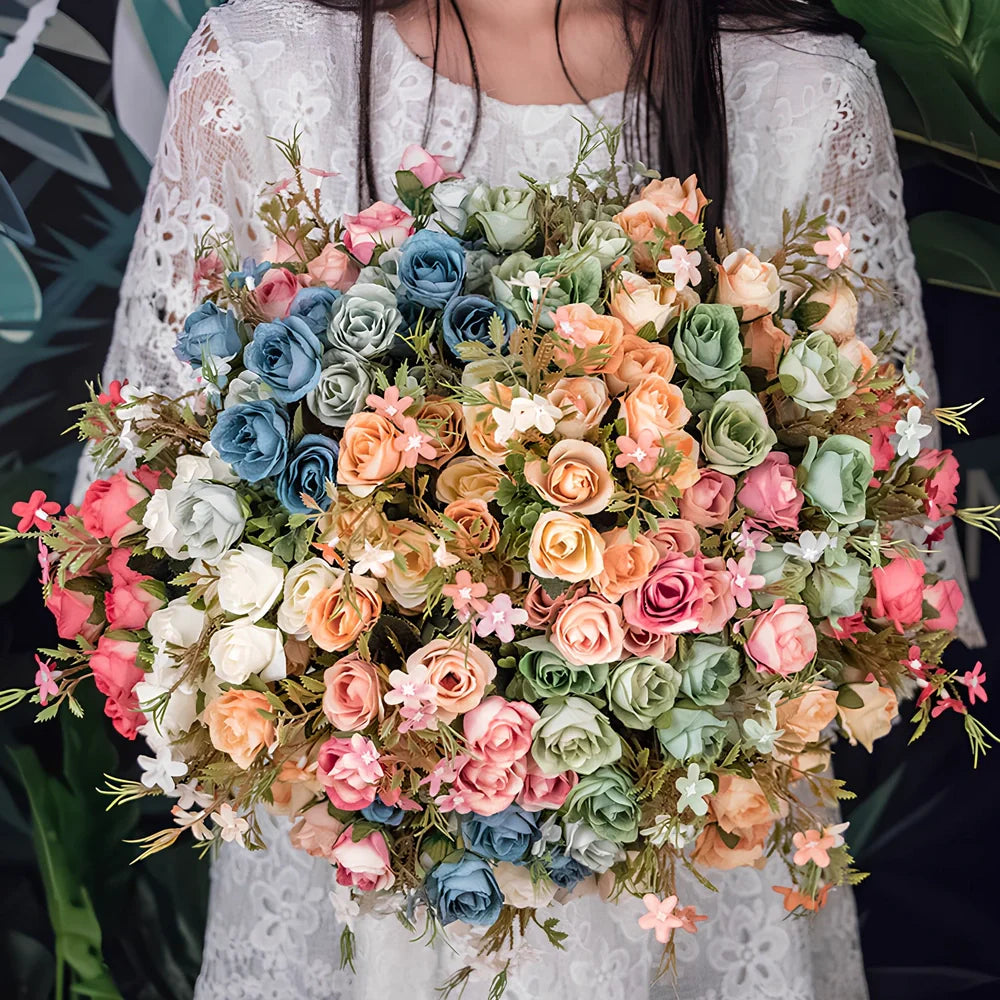 Artificial silk flower bouquet in seven colours with semi-manual construction