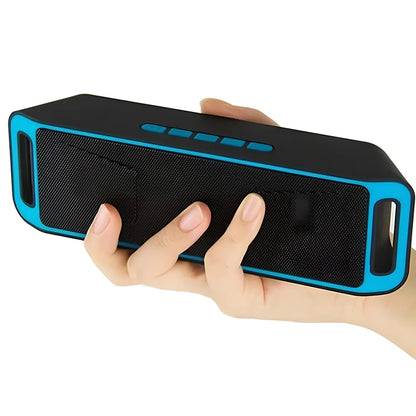 Blue portable Bluetooth speaker with dual speakers showing dimensions 20x6.5x4cm