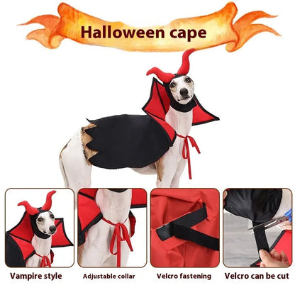 Black polyester vampire cloak and hat costume for a pet dog or cat on Halloween.