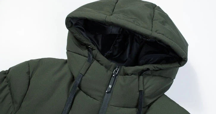 Electric heated down jacket with USB-powered heating system, available in grey, black, and army green colors, sizes M to 7XL