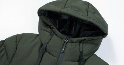 Electric heated down jacket with USB-powered heating system, available in grey, black, and army green colors, sizes M to 7XL