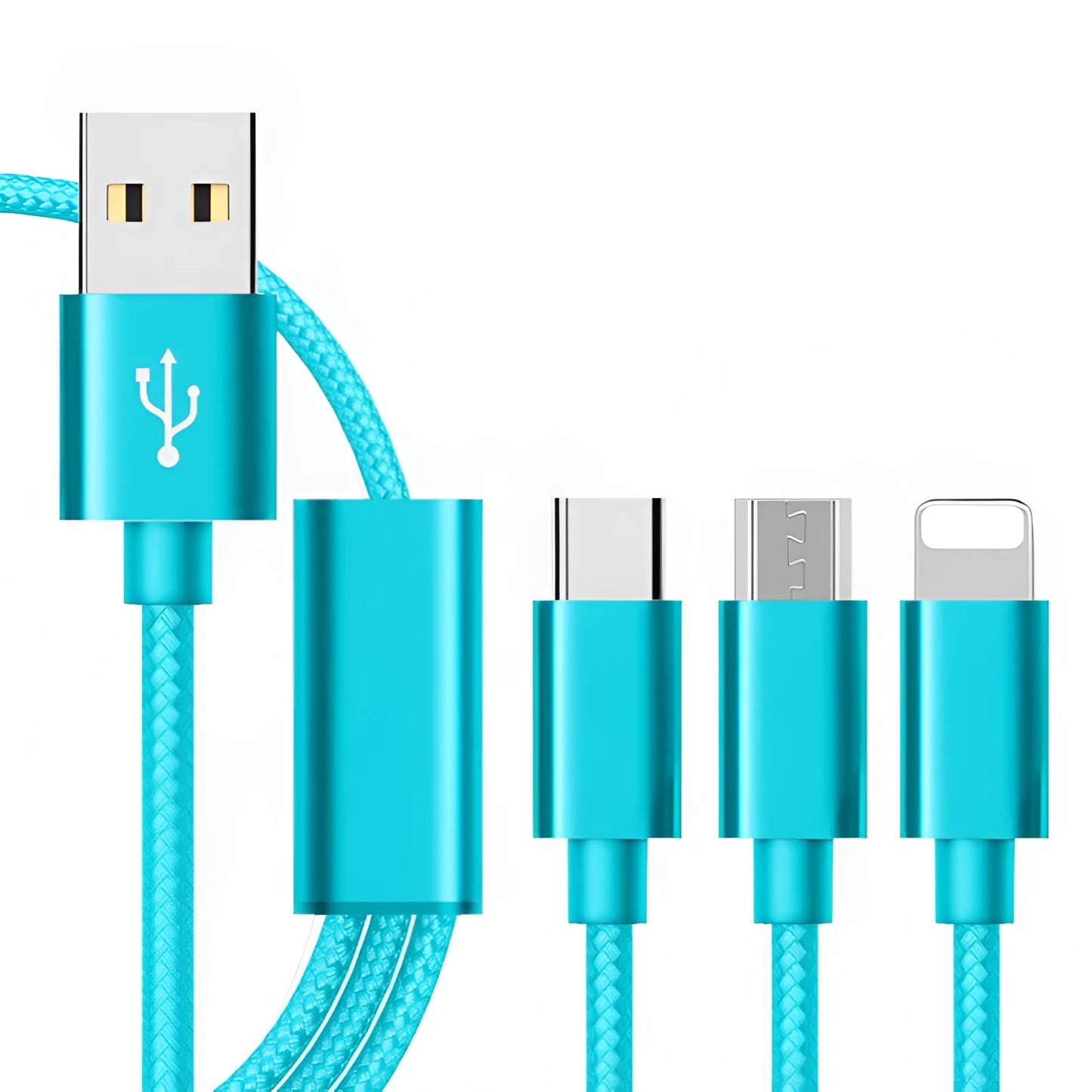 Three-in-one mobile phone charging cable in multiple colours with a 1.2m length.