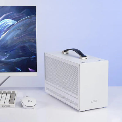 Three Hummingbird Portable ITX desktop computer chassis in titanium grey with tinned steel construction