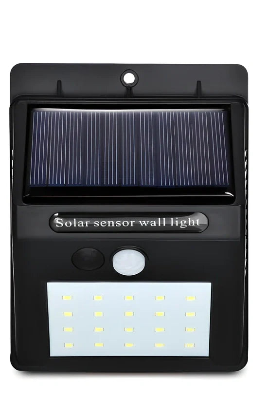 Solar sensor light in black ABS plastic with 20 LEDs and infrared motion detection, package 130x102x55mm