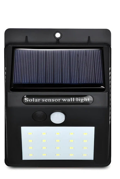 Solar sensor light in black ABS plastic with 20 LEDs and infrared motion detection, package 130x102x55mm