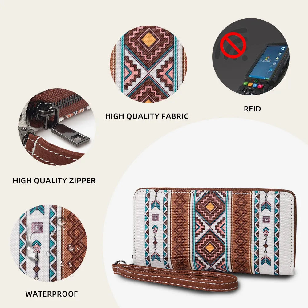 Bohemian striped canvas RFID wallet in beige colour, showing anti-theft design and compact size.