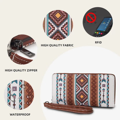 Bohemian striped canvas RFID wallet in beige colour, showing anti-theft design and compact size.