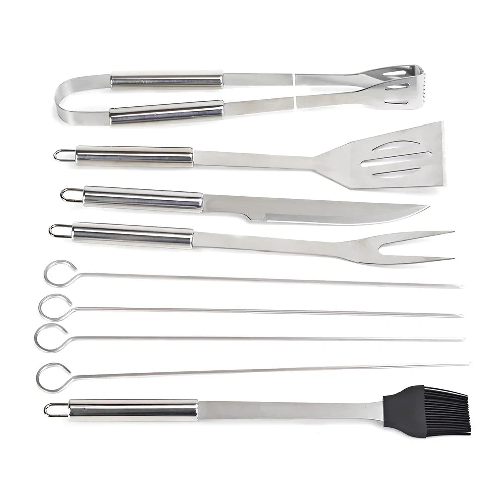 10-piece stainless steel BBQ tool set with shovel, knife, clip, strings, fork, brush in storage bag