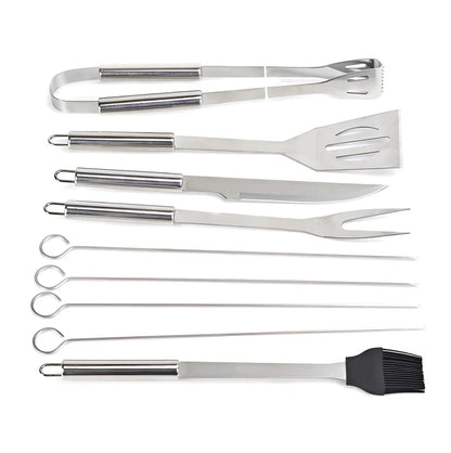 10-piece stainless steel BBQ tool set with shovel, knife, clip, strings, fork, brush in storage bag