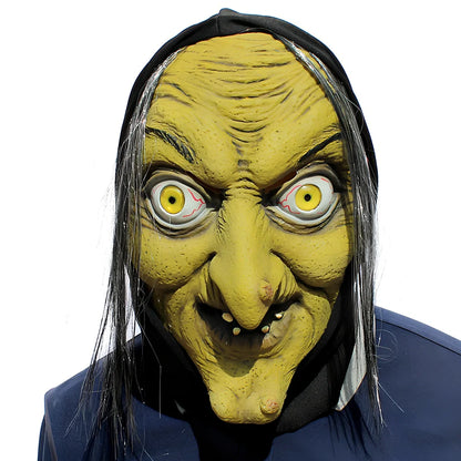 Latex Halloween witch mask with realistic facial wrinkles and textured surface, showing flexible fit and hand-painted colour accents
