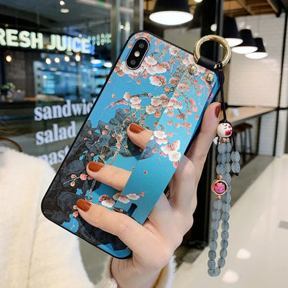 Rose flower printed iPhone case with wrist strap loop, compatible with iPhone 7 to 11 Pro Max models