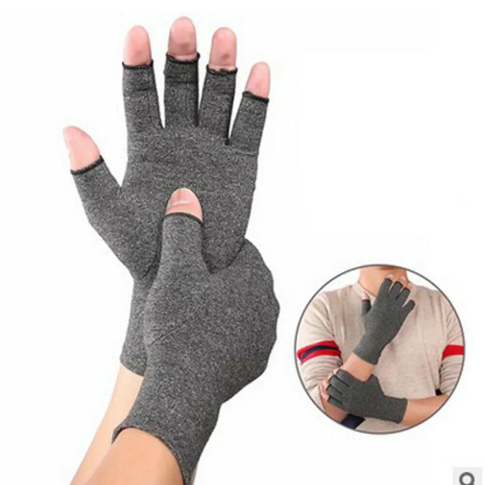 Grey half-finger joint compression gloves with silicone palm grips showing hand joint coverage