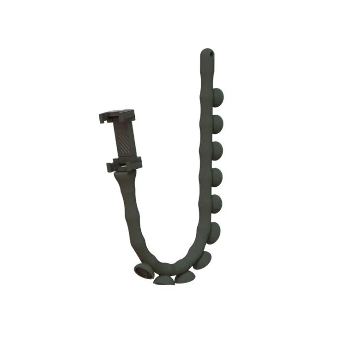 Black flexible gooseneck phone holder with suction cup mounted on a desk, holding a mobile phone at an angle.