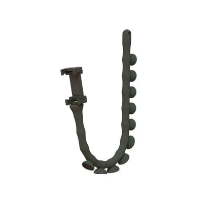Black flexible gooseneck phone holder with suction cup mounted on a desk, holding a mobile phone at an angle.