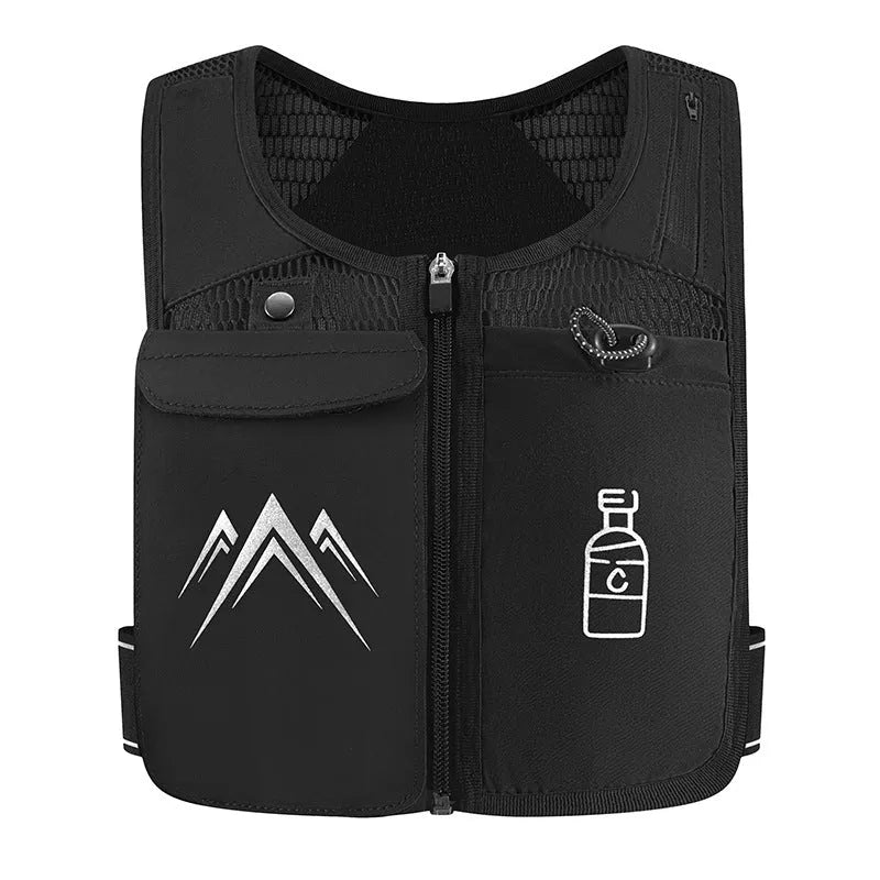 Black breathable mesh running vest with an integrated front pocket for a mobile phone.