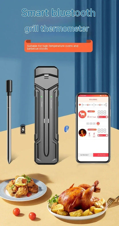 Black wireless kitchen thermometer with LCD display, two stainless steel probes, and magnetic backing for oven door attachment