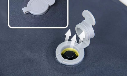 Compact inflatable travel pillow in peacock blue, bright orange, or green for camping and outdoor use