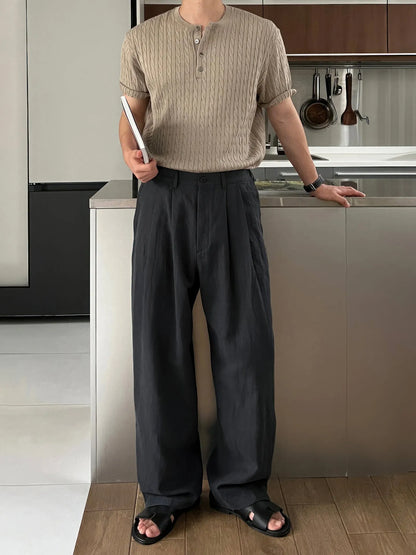 Army Green men's linen-style leisure trousers with a drawstring waist, laid flat.