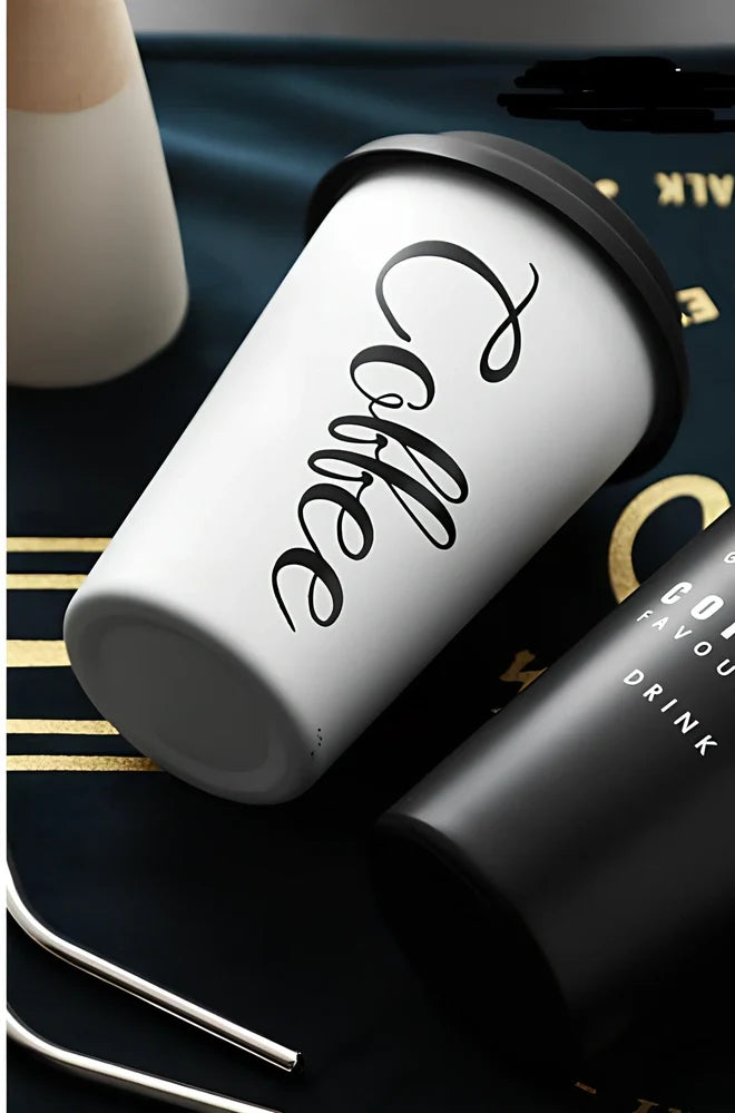 350ml ROKEN stainless steel cup in coffee black with lid, straight and curved straws for travel use