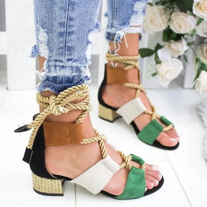 Women's beige suede sandals with thick 3-5cm heel, front strap, and ankle strap design