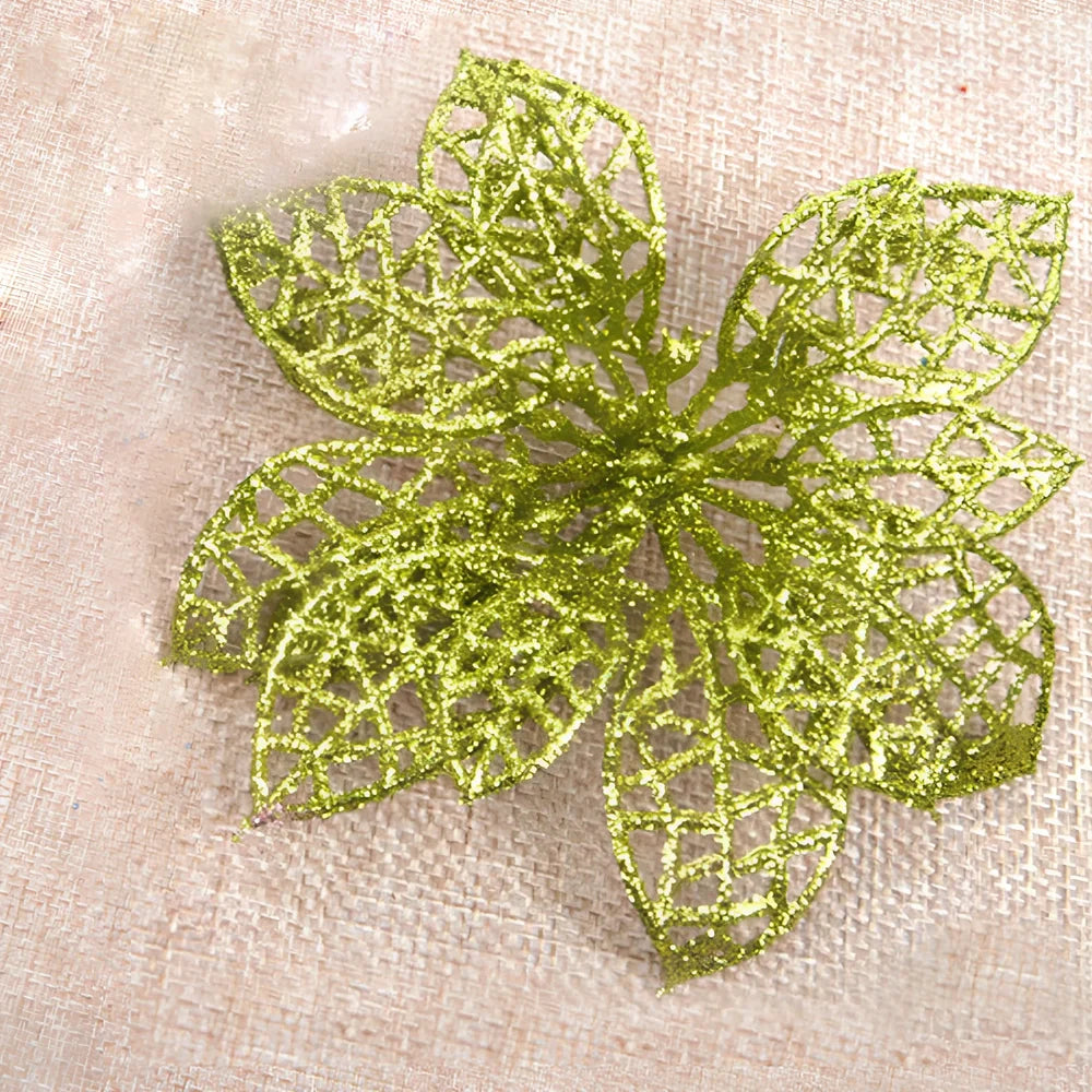 Set of 10 golden 15cm glitter flowers for Christmas trees in gold, silver, red colours